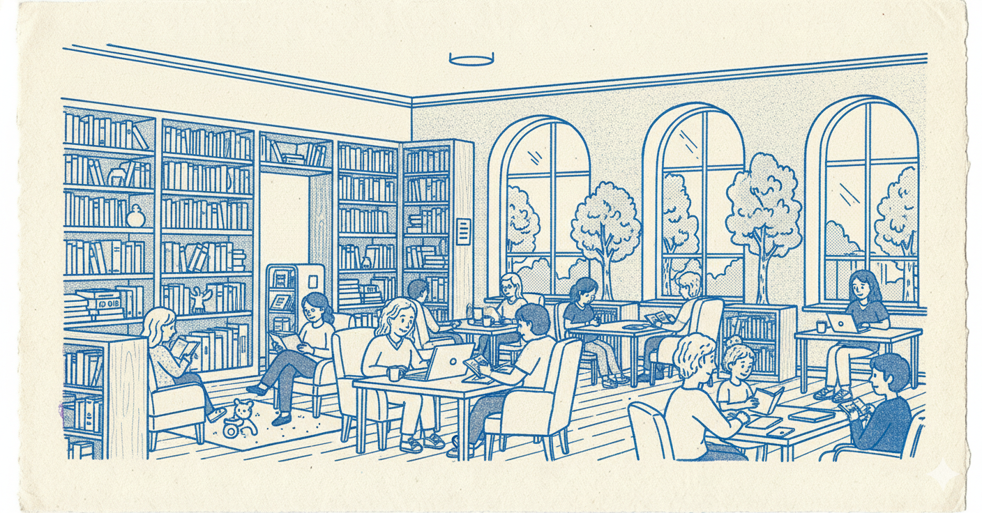 本棚に囲まれた図書室で、大人や子どもが読書やパソコン作業をしている青色のイラスト