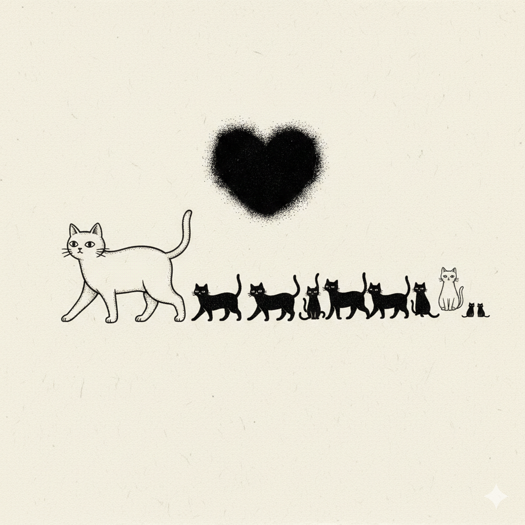 白い親猫と黒い子猫たちが並んで歩き、上に黒いハートが描かれたモノクロのイラスト