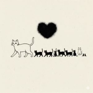 白い親猫と黒い子猫たちが並んで歩き、上に黒いハートが描かれたモノクロのイラスト