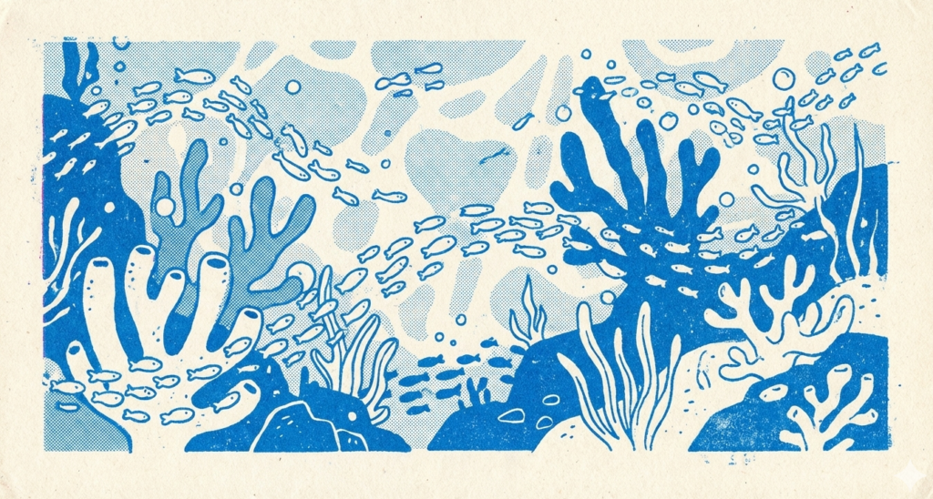 青一色で描かれたサンゴ礁と群れで泳ぐ小さな魚たちのイラスト