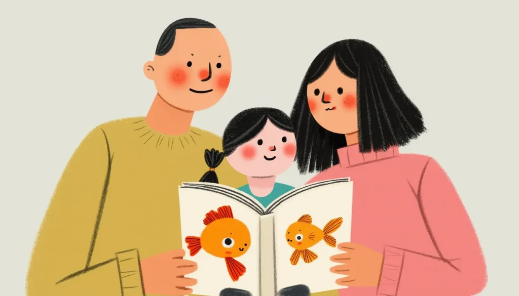 金魚が描かれた絵本をもつ親子のイラスト