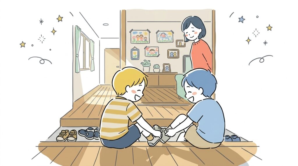 ギャングエイジの時期に友達と遊びに行く小学生の男の子を見守る母親の様子